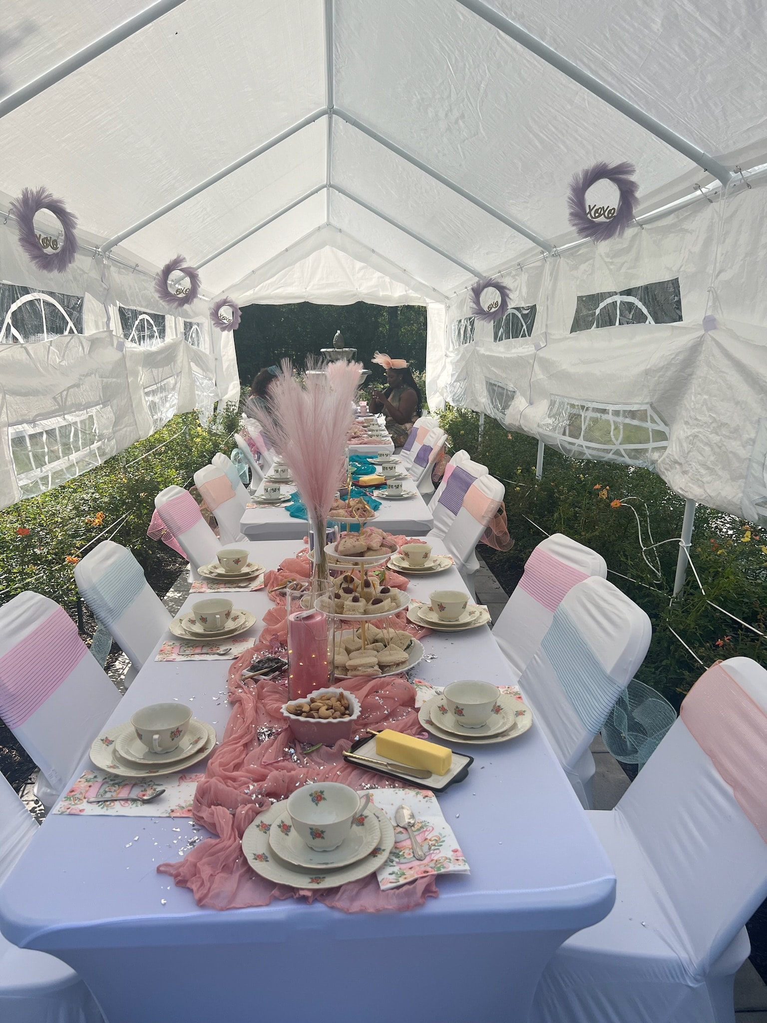 The Garden Tea Party — tented tables, antique china, soft florals, and garden atmosphere styled by Violette