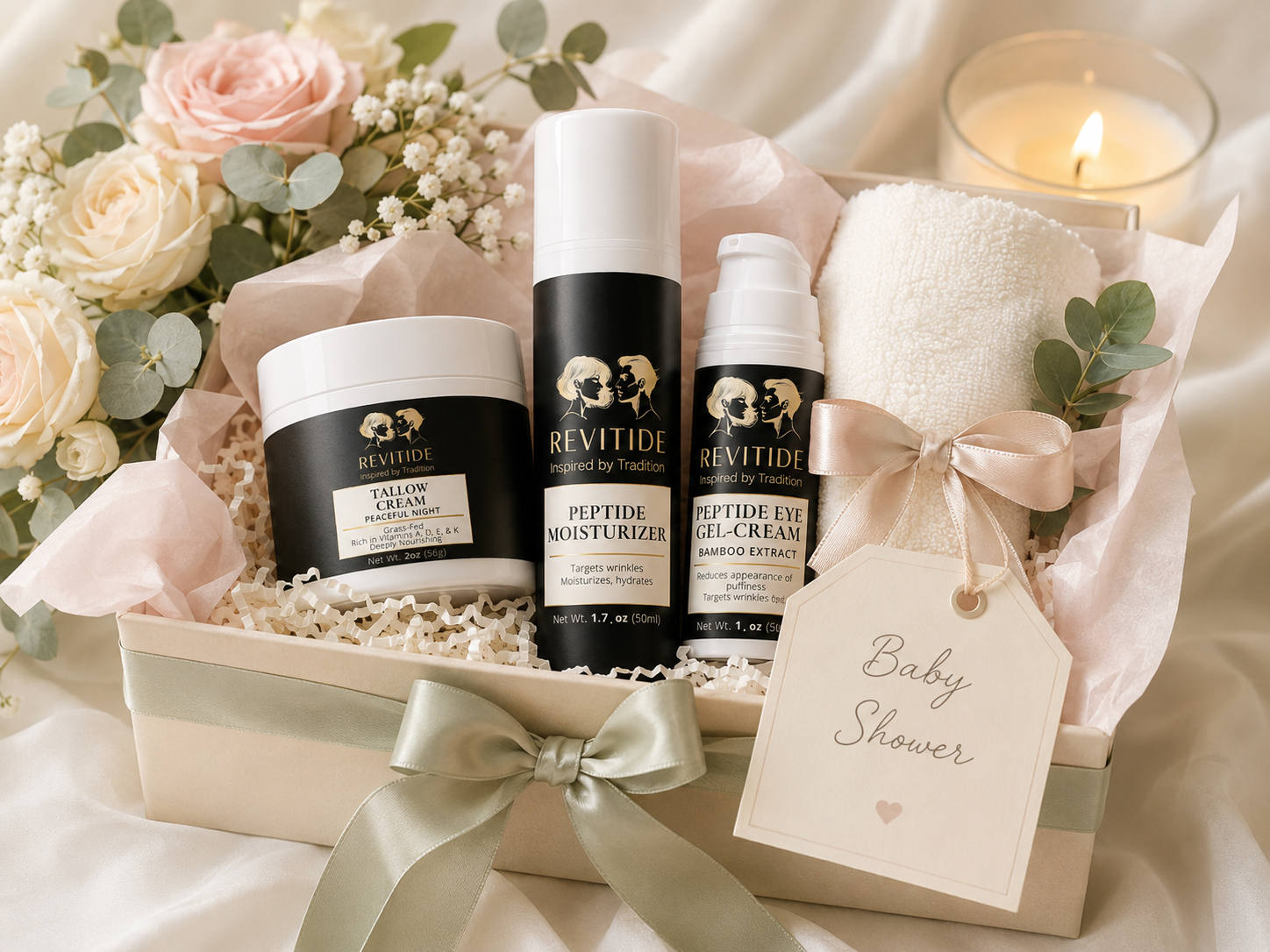 Baby Shower Revitide gift box with blush ribbon, roses, and candle