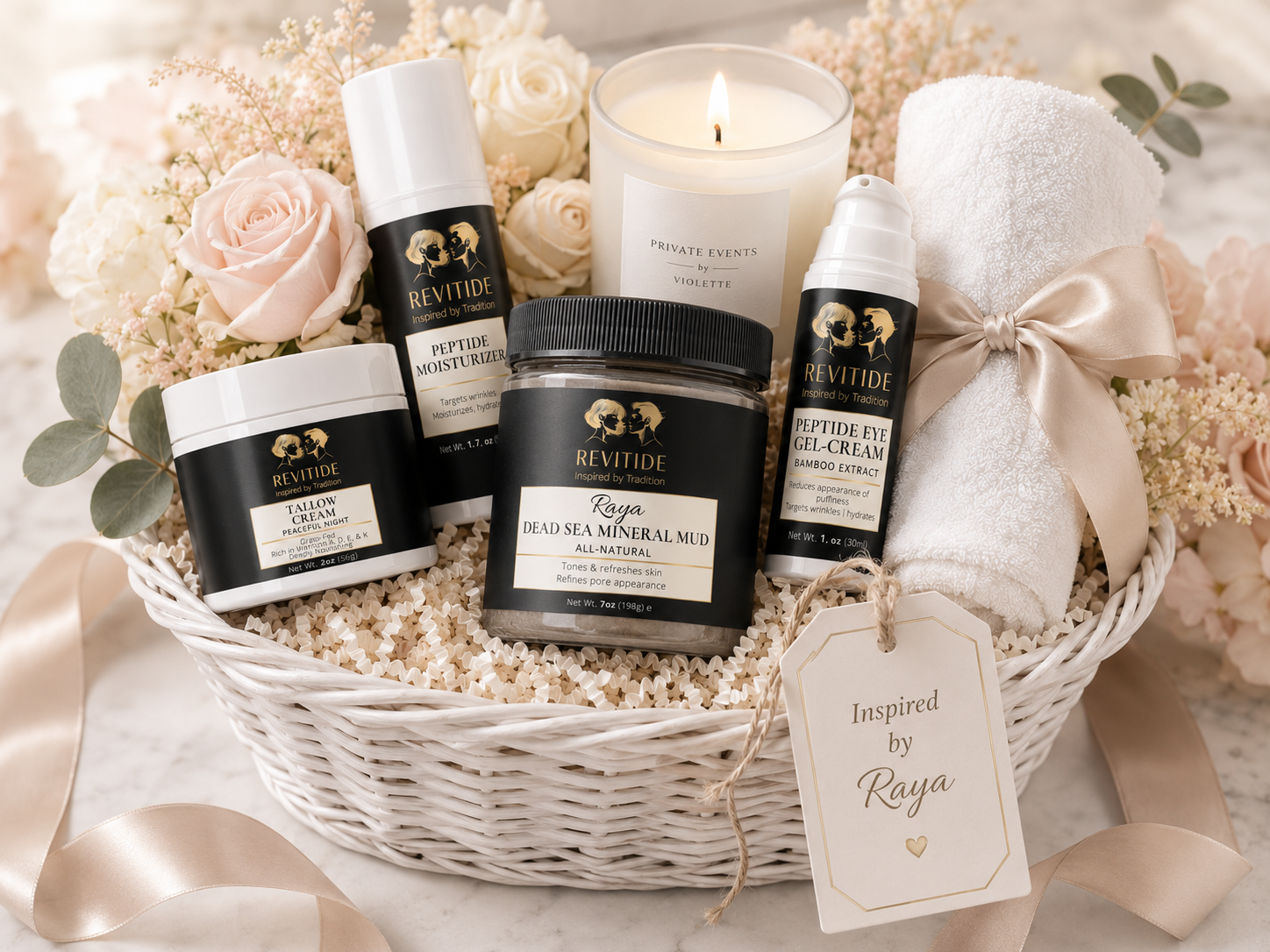 Revitide gift basket with blush roses, candle, towel, and Inspired by Raya tag