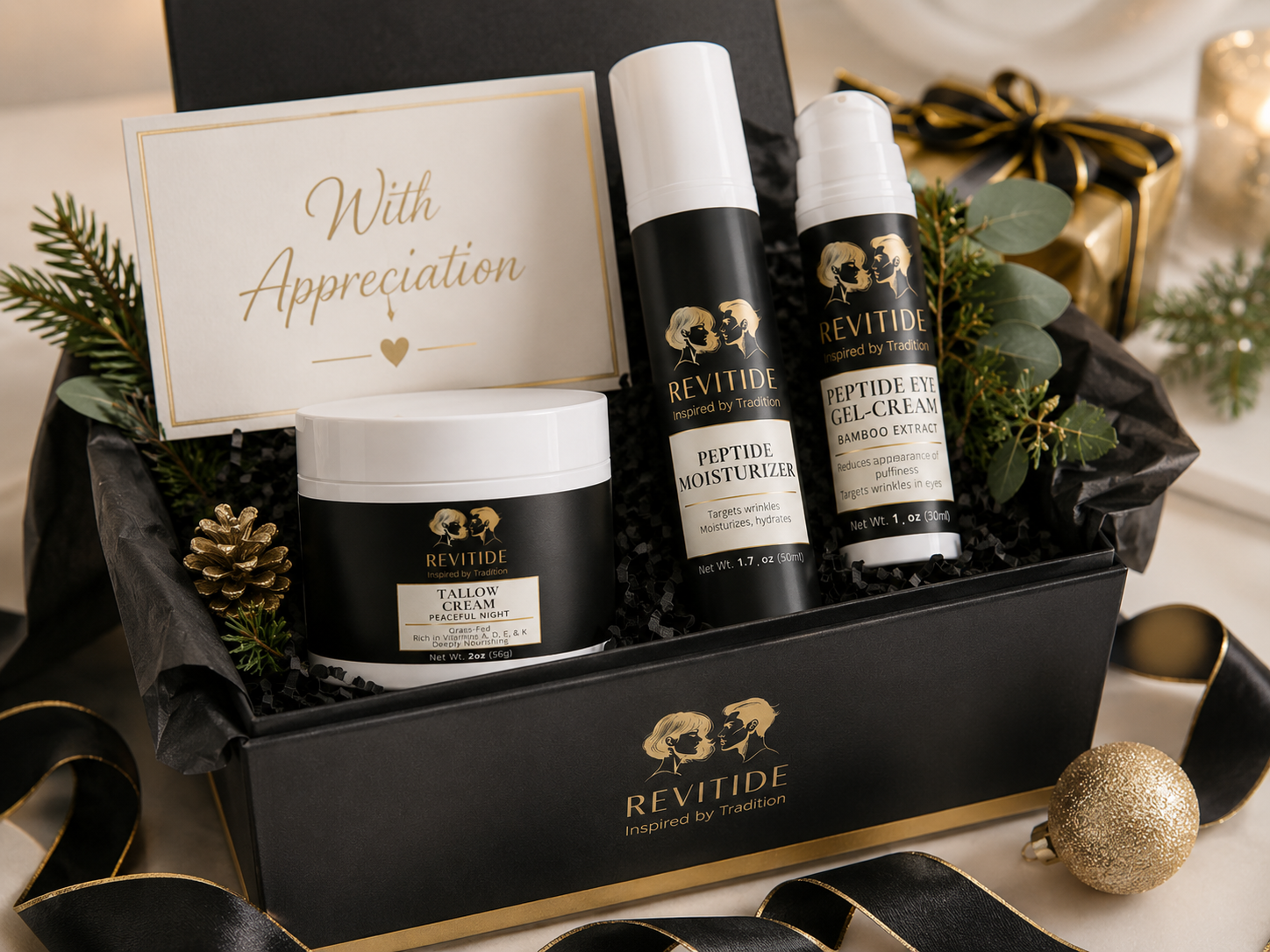 Holiday appreciation Revitide gift box with pine, gold ornament, and black ribbon
