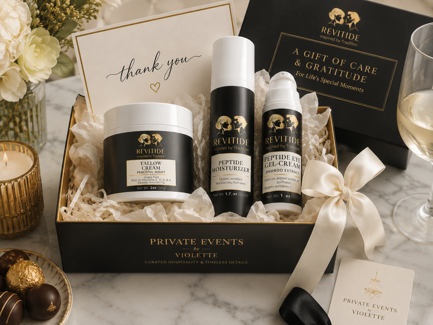 Private Events by Violette thank you gift box with Revitide products on marble