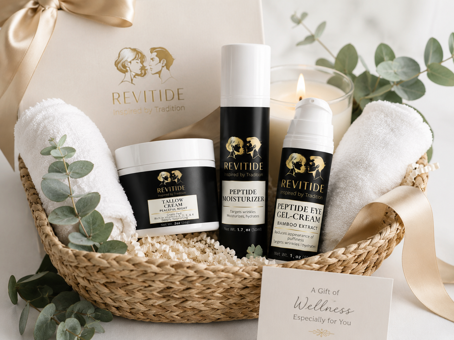 Revitide wellness wicker basket with eucalyptus, candle, towels, and A Gift of Wellness card