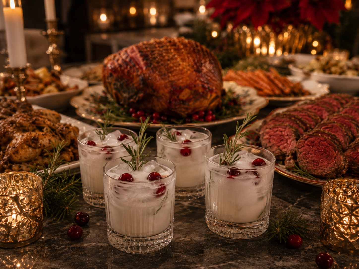 Holiday feast table with glazed ham, prime rib, roasted chicken, cranberry cocktails, and gold candlelight