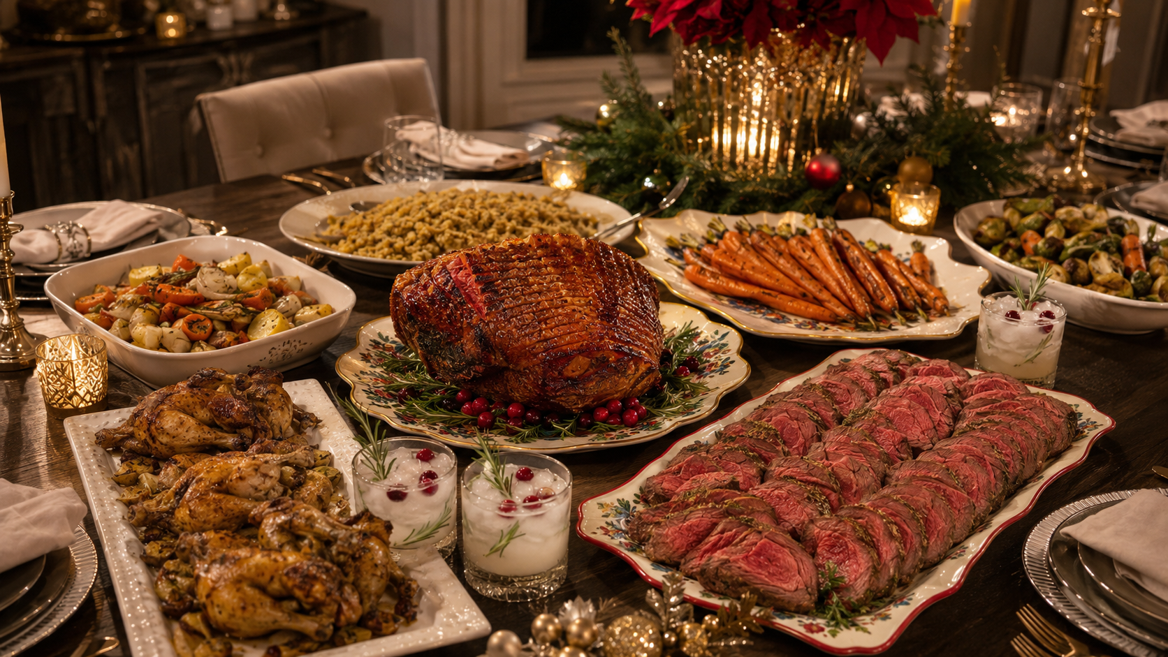 Full holiday dinner table with glazed ham, prime rib, roasted vegetables, stuffing, and Christmas tree backdrop