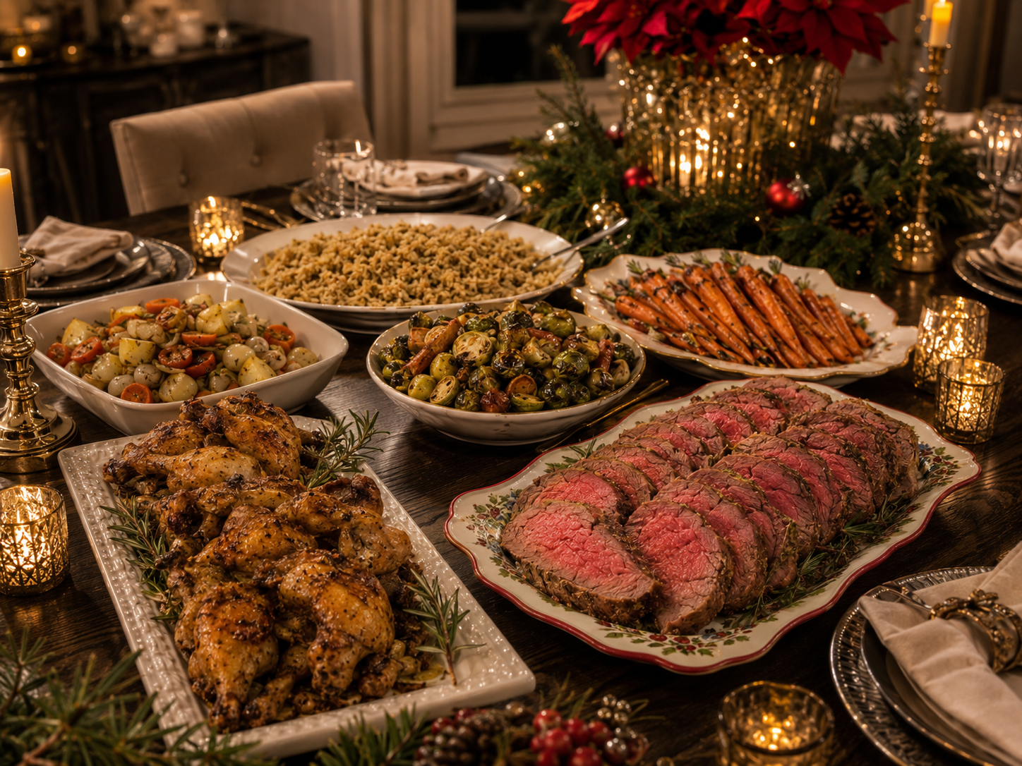 Grand holiday feast with multiple platters of roasted meats, sides, and poinsettia centerpiece