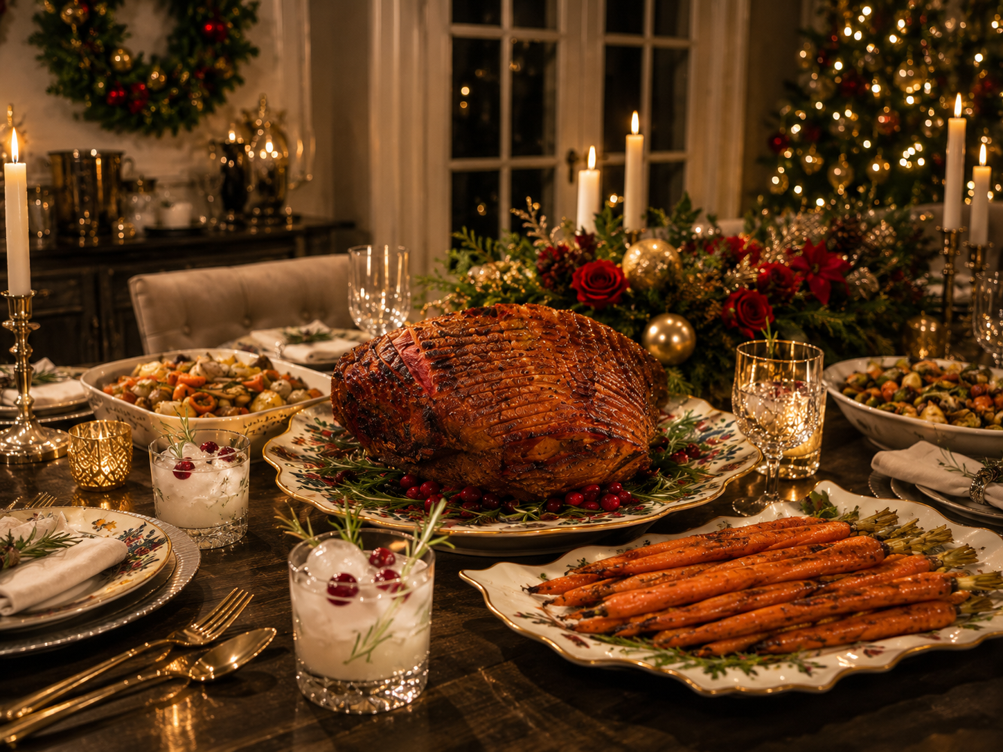 Glazed holiday ham centerpiece with roasted carrots, cranberries, and Christmas floral arrangement