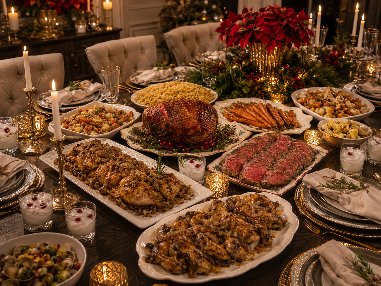 Holiday table with prime rib, roasted chicken, Brussels sprouts, roasted carrots, and gold candlelight